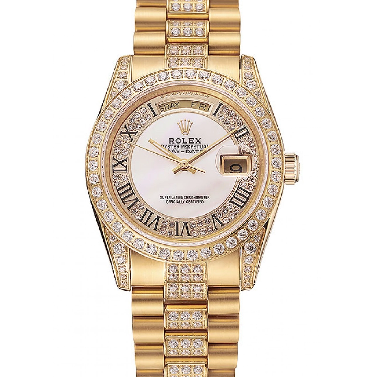 Rolex aaa copy Swiss White Bracelet Diamond Gold Diamond Day-Date 1453958 Rolex Pave Dial 0528